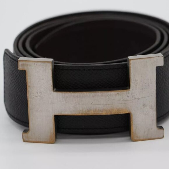 HERMÈS 95 H Guillochee Buckle Reversible Belt Noir/Silver Leather Strap - Picture 2 of 15